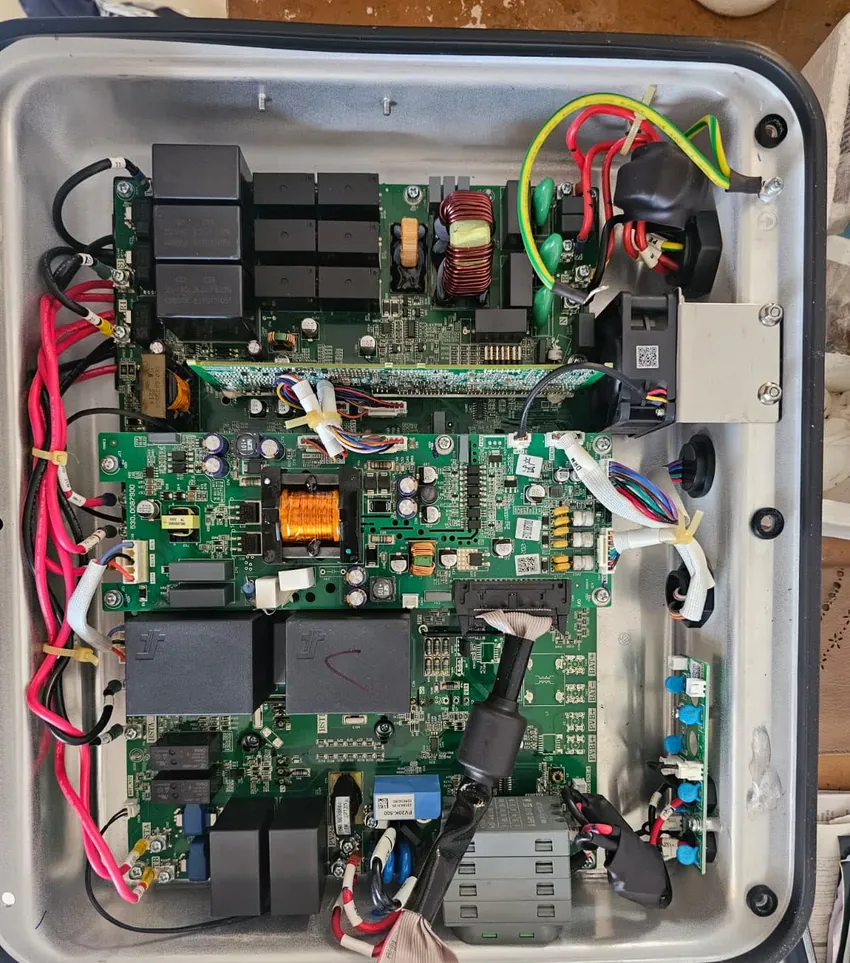 The internals of a solar inverter: the point where a generation system is tied into a building's existing electrical installation.
